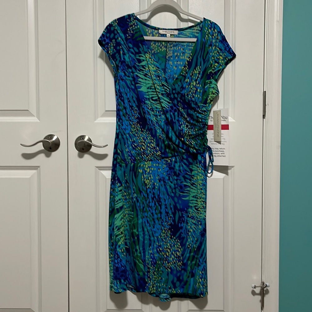NWT Evan Picone blue green and yellow bold pattern women’s dress.